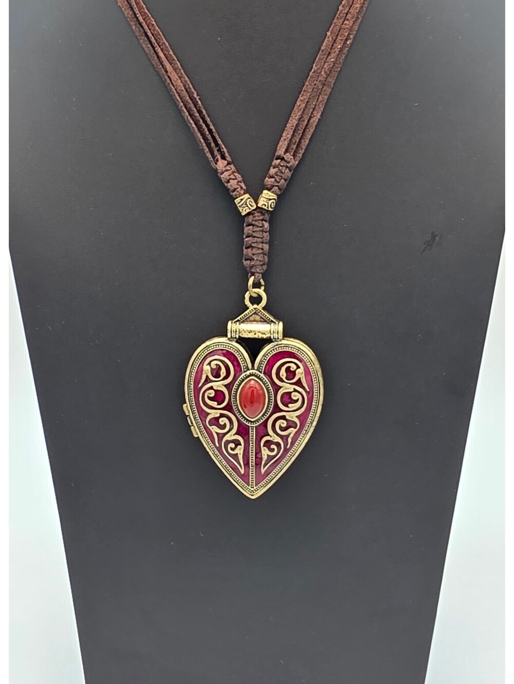 Burgundy Magenta Heart Locket Necklace, Large Antiqued Brass Heart Pendant, 24"